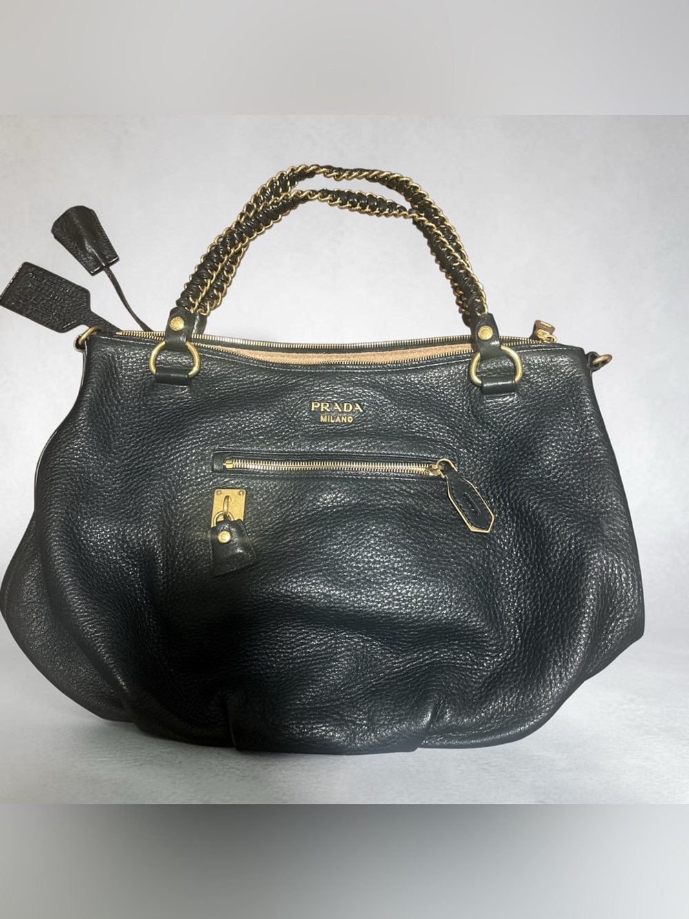 Prada Black Deerskin Leather Shoulder Bag with Gold Chain Handle